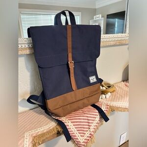 NWOT Herschel Supply Co. City Mid-Volume Backpack in a navy and tan colorway.